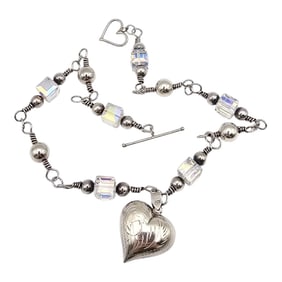 Crystal Sterling Silver Heart Toggle Necklace 42.1 G