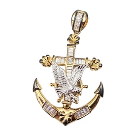 Rhinestone Gold Over Sterling Silver Navy Anchor Pendant 11.6 G