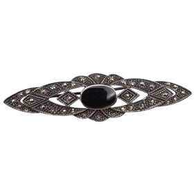 Onyx Sterling Silver Marcasite Brooch 7.7 G