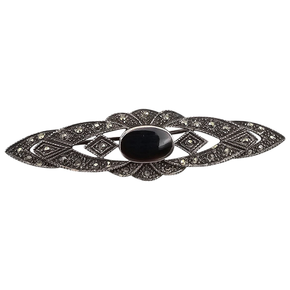 Onyx Sterling Silver Marcasite Brooch 7.7 G (1 of 4)