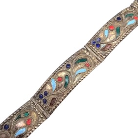 Chinese Import Vintage Enamel Sterling Silver Panel Bracelet 14 G