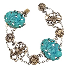 Signed Turquoise Sterling Silver Carved Flower Bracelet 14.5 G