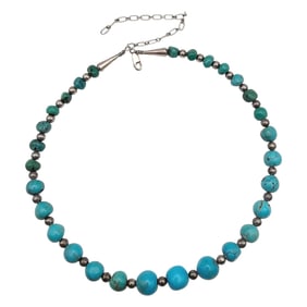 Turquoise Sterling Silver Graduated Bead Necklace 32.6 G