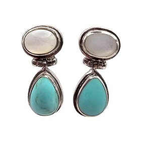 NF Turquoise Mother Of Pearl Sterling Silver Hinge Drop Earrings 7.5 G