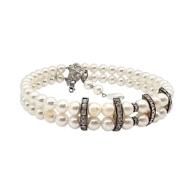 Faux Pearl Rhinestone Sterling Silver Collar Necklace 35.6 G