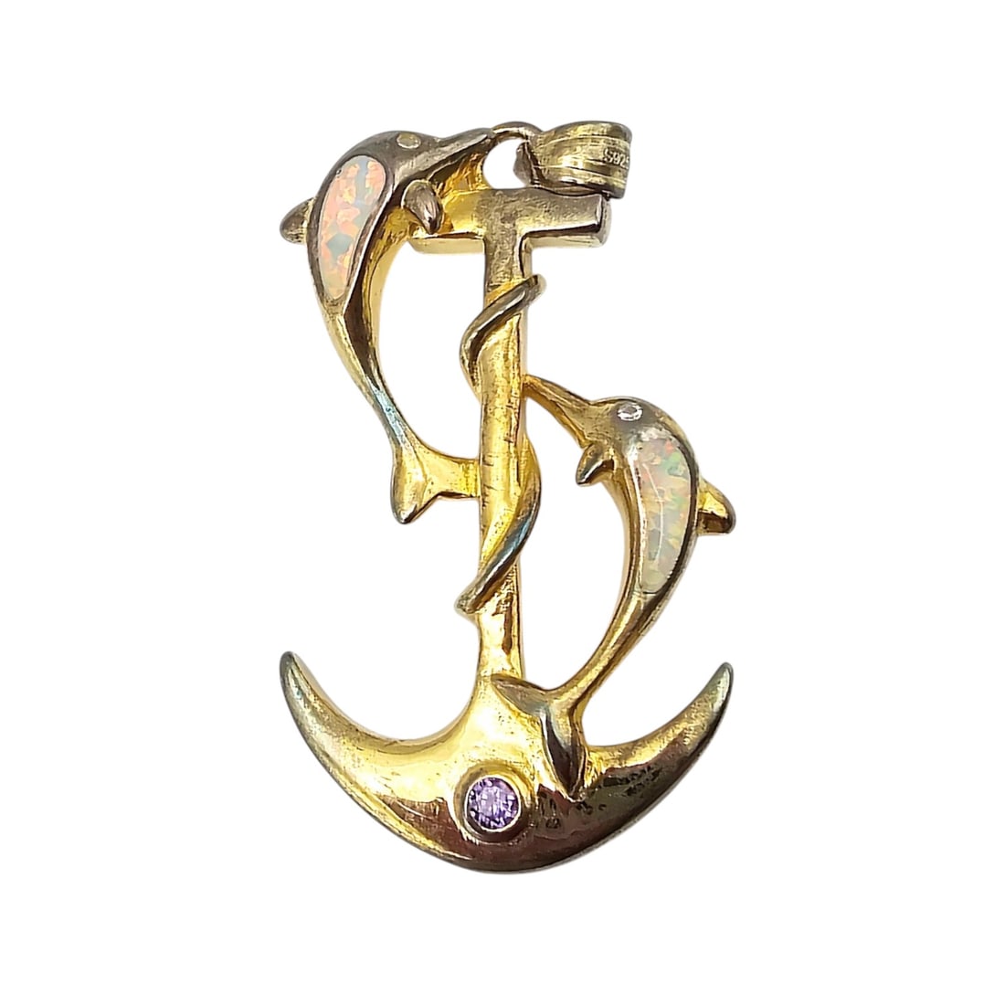 Opal Gold Over Sterling Silver Dolphin Anchor Pendant 7.2 G: Opal Gold Over Sterling Silver Dolphin Anchor Pendant 7.2 G