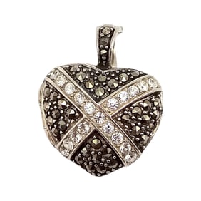 A Marcasite Rhinestone Sterling Silver Heart Locket Pendant 9.1 G