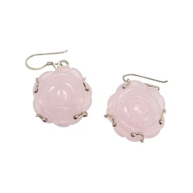Rose Quartz Sterling Silver Carved Rose Drop Dangle Earrings 8.7 G