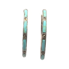 Turquoise Marcasite Sterling Silver Hoop Earrings 8.3 G