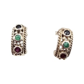 Gemstone Sterling Silver Hoop Earrings 5.7 G