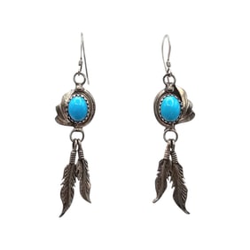 Navajo Turquoise Sterling Silver Feather Drop Dangle Earrings 5.3 G