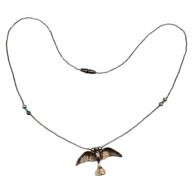 Navajo Turquoise Sterling Silver Liquid Silver Bird Necklace 4.9 G
