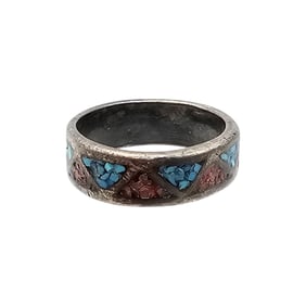 Navajo Crushed Turquoise Coral Sterling Silver Ring Size 4.25 3.2 G