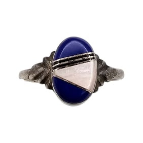 Southwestern Lapis Mother Of Pearl Sterling Silver Inlay Ring Size 8 2.7 G