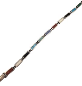 Southwestern Multi Stone Sterling Silver Link Bracelet 13.8 G