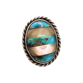 Southwestern Mother Of Pearl Turquoise Sterling Silver Ring Size 10.75 16.7 G