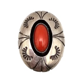 Southwestern Coral Sterling Silver Stamp Work Ring Size 5 6.1 G