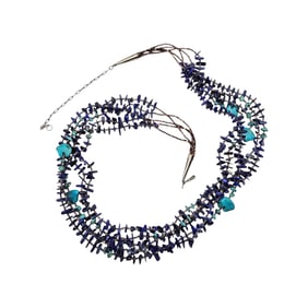 Native Southwestern Heishi Lapis Turquoise Sterling Silver Fetish Bear Multi Strand Necklace 114.4 G