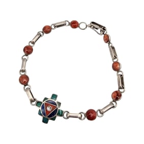 Southwestern Multi Stone Sterling Silver Inlay Bracelet 8.7 G