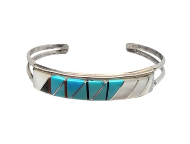 Teme Mother Of Pearl Coral Turquoise Onyx Sterling Silver Inlay Cuff Bracelet 12.7 G