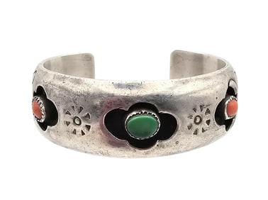 Navajo Coral Turquoise Sterling Silver Shadow Box Cuff Bracelet 37.2 G