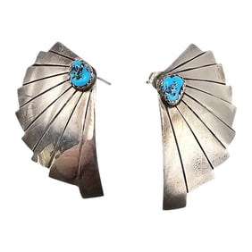 Navajo Turquoise Sterling Silver Fan Style Earrings 6.5 G