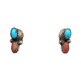 Navajo Turquoise Coral Sterling Silver Earrings 1.7 G