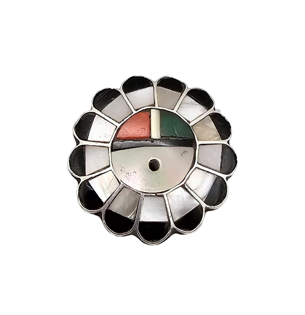 Zuni Mother Of Pearl Turquoise Onyx Coral Sterling Silver Inlay Sunface Ring Size 5.75 5 G (1 of 4)