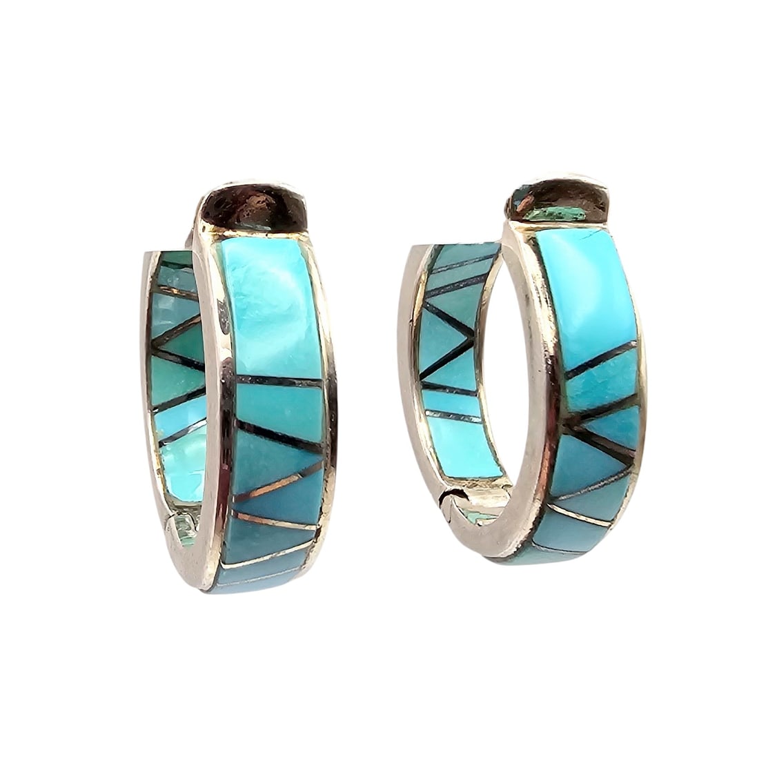 Navajo Turquoise Sterling Silver Hinged Hoop Earrings 6.7 G (1 of 4)