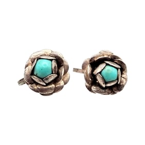 Mexico Turquoise Sterling Silver Flower Earrings 6.9 G