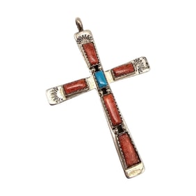 Jay King Mine Finds Coral Turquoise Sterling Silver Cross Pendant 8.1 G