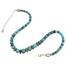 Jay King Mine Finds Turquoise Graduated Disk And Bead Sterling Silver Necklace 59.6 G