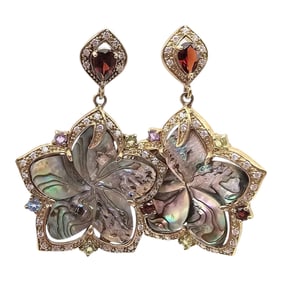 A Abalone Multi Gemstone Gold Over Sterling Silver Flower Drop Dangle Earrings 14.5 G