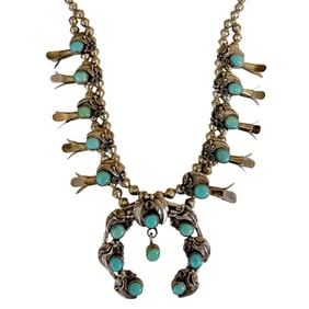 Navajo Turquoise Sterling Silver Squash Blossom Necklace 82.6 G