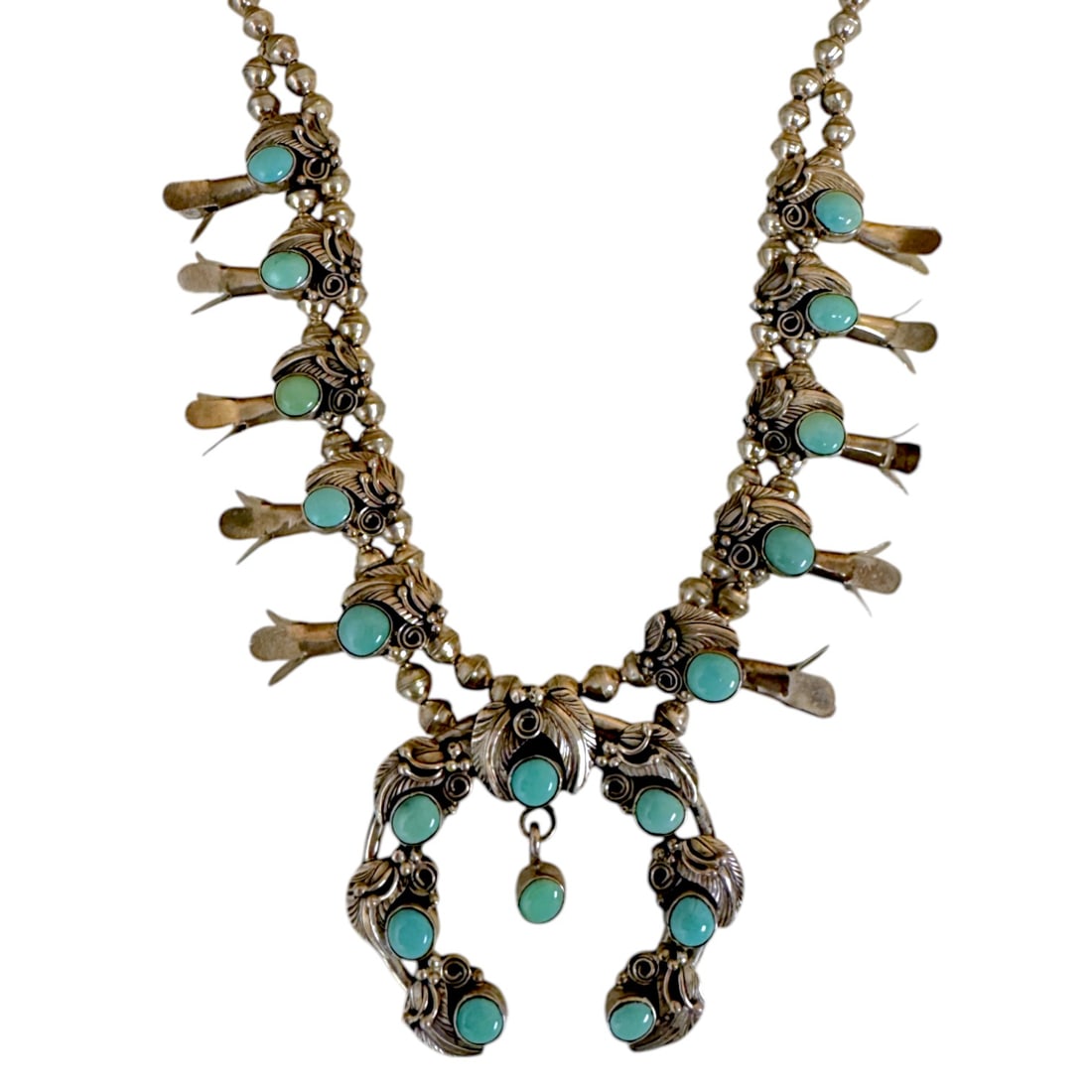 Navajo Turquoise Sterling Silver Squash Blossom Necklace 82.6 G