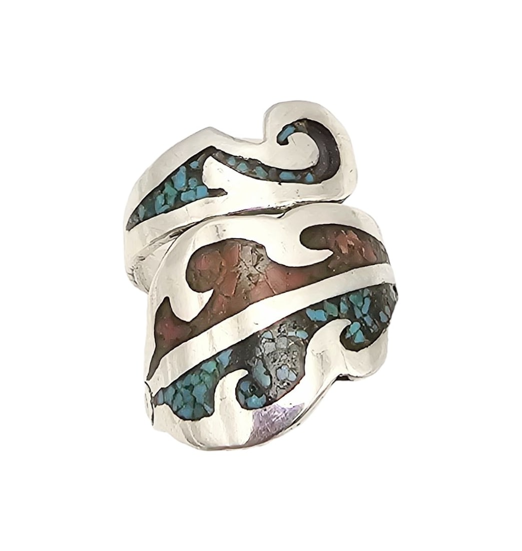 Jennifer Begay Navajo Crushed Turquoise Coral Sterling Silver Wrap Ring Size 6.5 5.7 G (1 of 4)