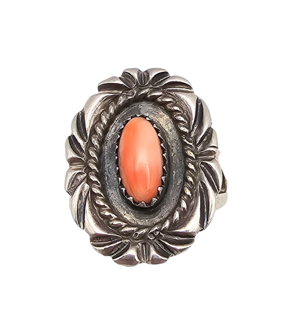 Leon Martinez? Navajo Coral Sterling Silver Ring Size 7.5 6.1 G (1 of 4)