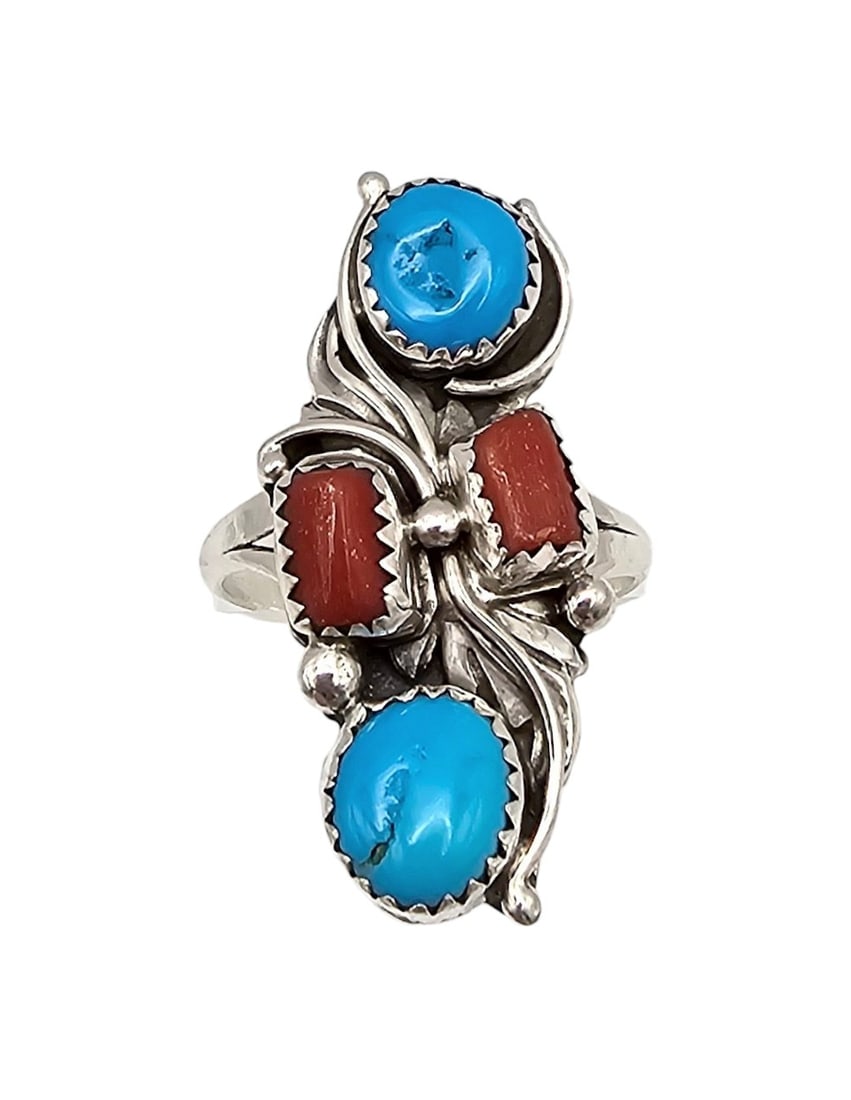 Jamison Kee Navajo Double Turquoise Coral Sterling Silver Ring Size 10.25 6.5 G (1 of 4)