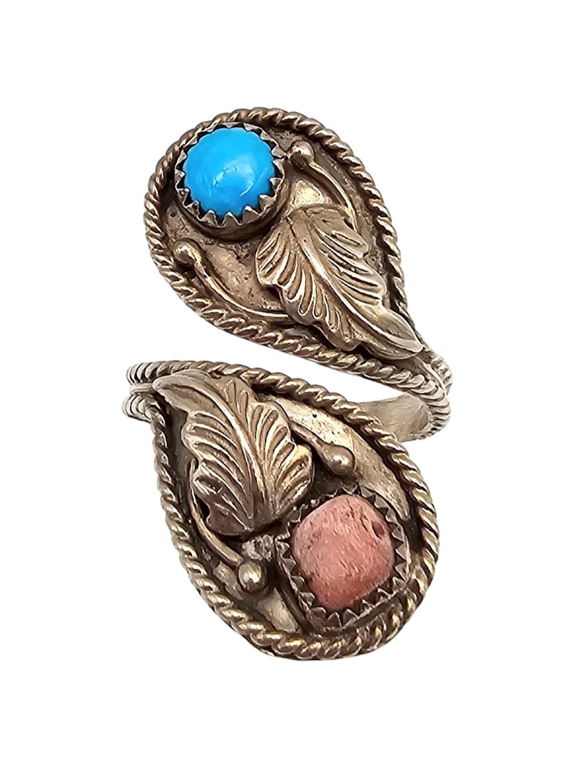 Southwestern Turquoise Coral Sterling Silver Wrap Ring Size 6.75 5.6 G (1 of 4)