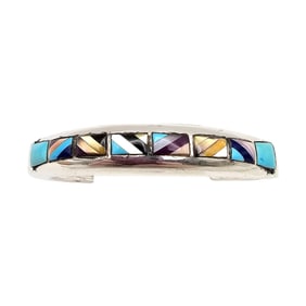Southwestern Multi Stone Sterling Silver Inlay Cuff Bracelet 23.4 G