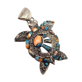 Southwestern Turquoise Sterling Silver Sea Turtle Pendant 11.2 G