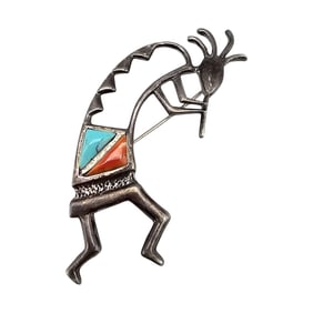 Southwestern Turquoise Coral Sterling Silver Kokopelli Brooch 9 G