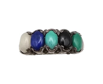 Old Carlisle Jewelry Albuquerque Turquoise Onyx Mother Of Pearl Lapis Sterling Silver Ring Size 6.75