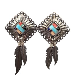 Quac Trading Lapis Coral Turquoise Malachite Sterling Silver Feather Earrings 7.5 G
