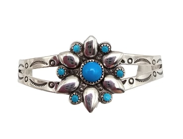 Bell Trading Post Turquoise Sterling Silver Flower Cuff Bracelet 12.2 G
