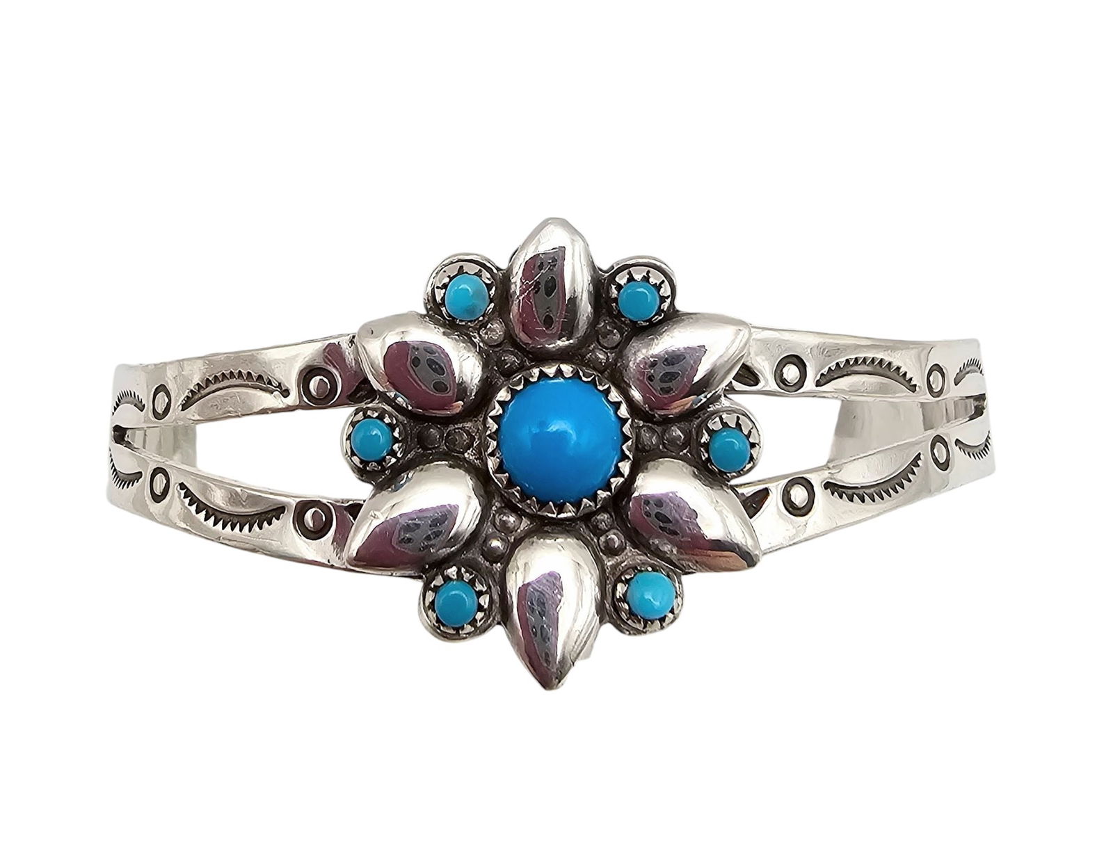 Bell Trading Post Turquoise Sterling Silver Flower Cuff Bracelet 12.2 G (1 of 4)