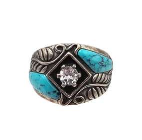 Carolyn Pollack Relios Southwestern Turquoise Clear Stone Sterling Silver Ring Size 11.25 13.3 G