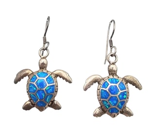 Mexico Opal Sterling Silver Sea Turtle Earrings 5.8 G
