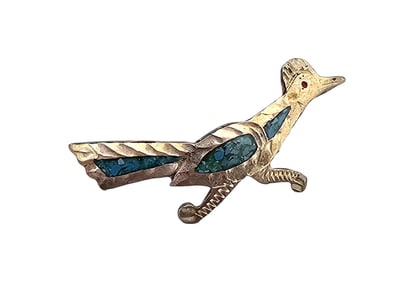 JF? Mexico Crushed Turquoise Sterling Silver Roadrunner Brooch 2.6 G
