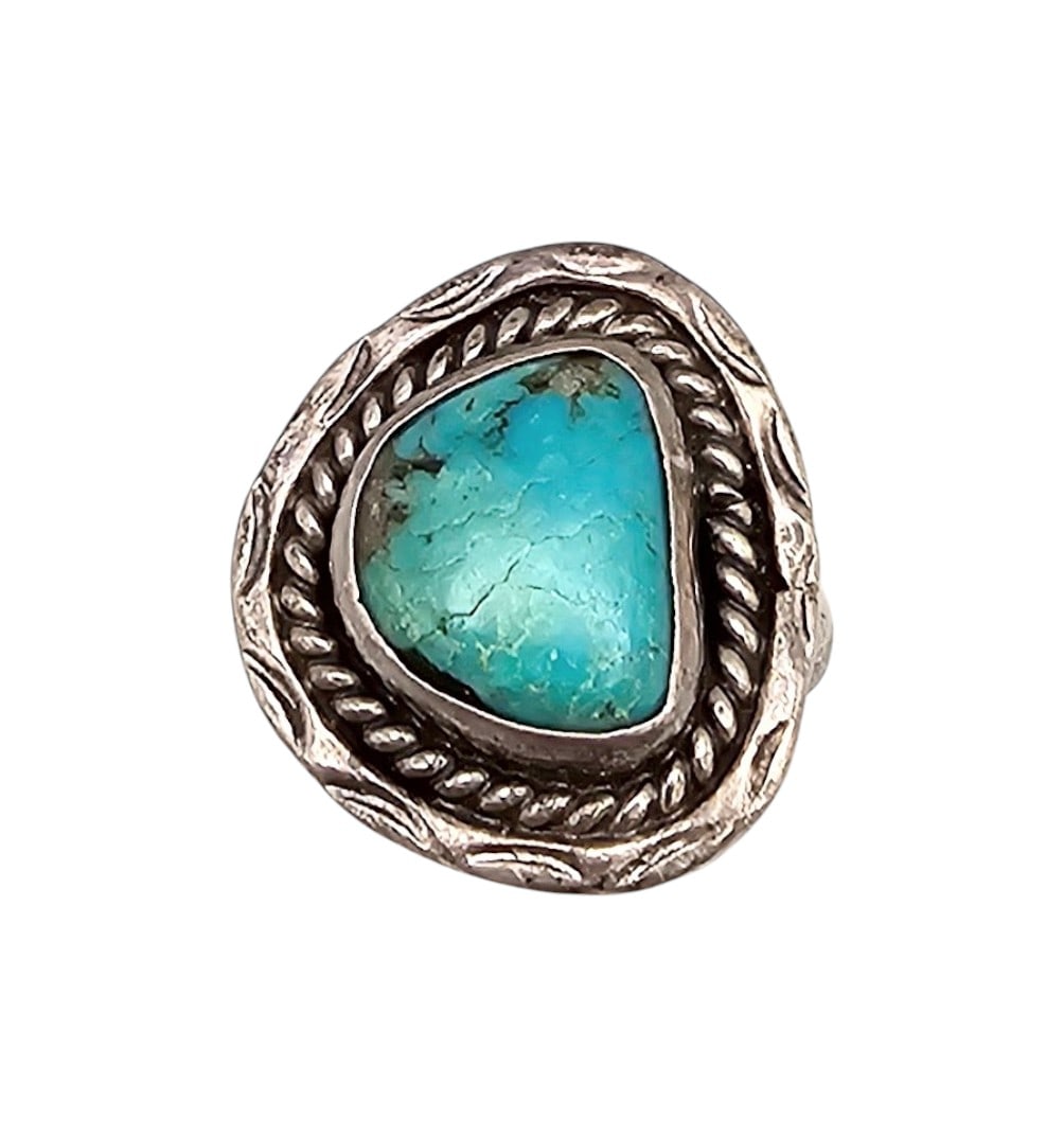 Mexico Illegible Sign Turquoise Sterling Silver Ring Size 7 6.1 G (1 of 4)